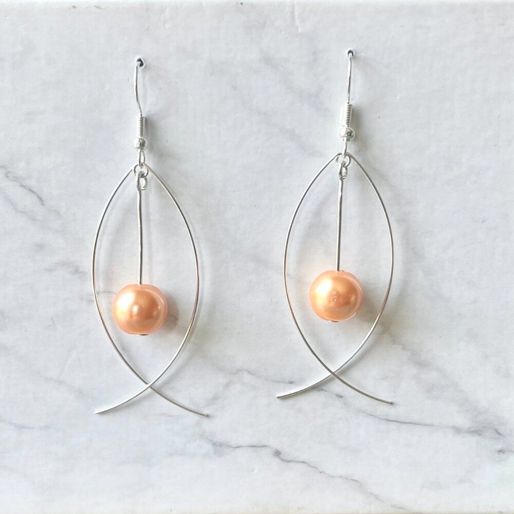 Silver Fish Earrings with Hanging Apricot Faux Pearl Bead